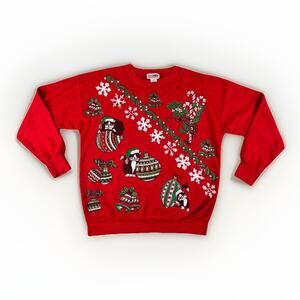 Vintage NutCracker Ugly Christmas Sweater M Red Cats Ornaments Glitter USA Made